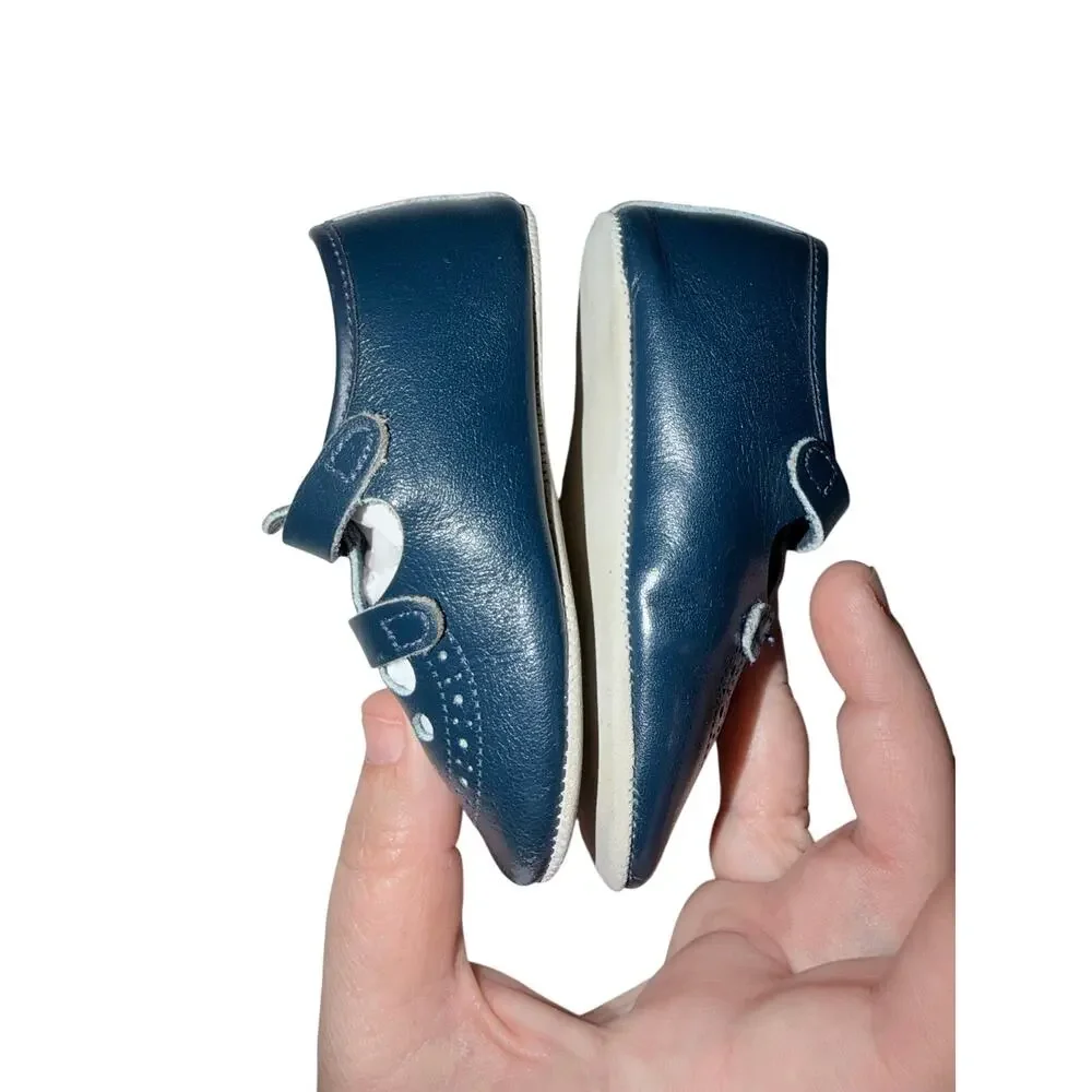 Vintage navy blue baby shoes double strap Maryjanes Mary Janes baby deer USA